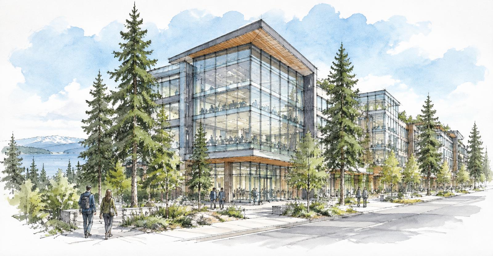 Architectural sketch of a mixed-use development in the Puget Sound region